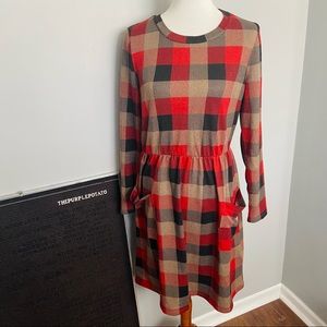 Modcloth Red, Black; & Tan Plaid Front Pocket Dress Size L